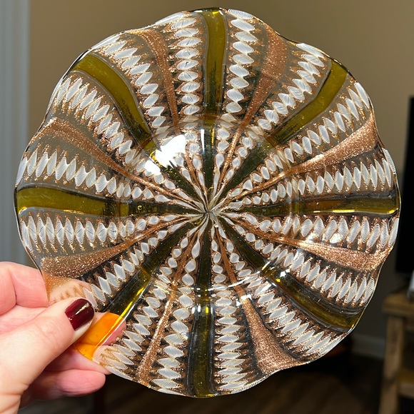 Salviati Murano Venetian Zanfirico & Copper Aventurine Yellow Stripe Glass Plate - Picture 4 of 9